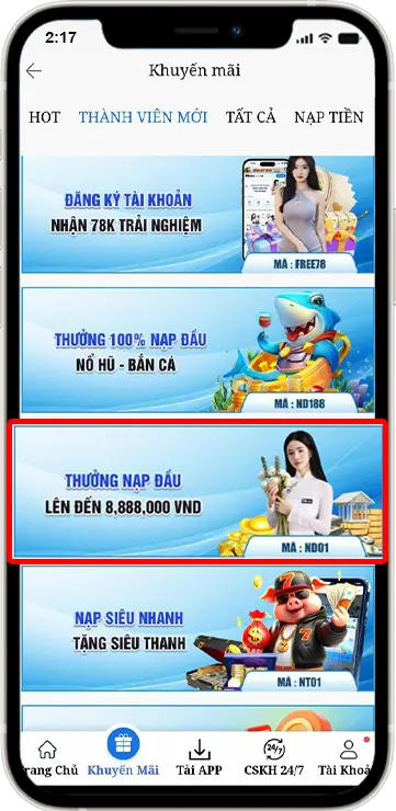 B2 : chọn vào mục " Thành viên mới  " chọn vào mã khuyến mãi " ND01 "